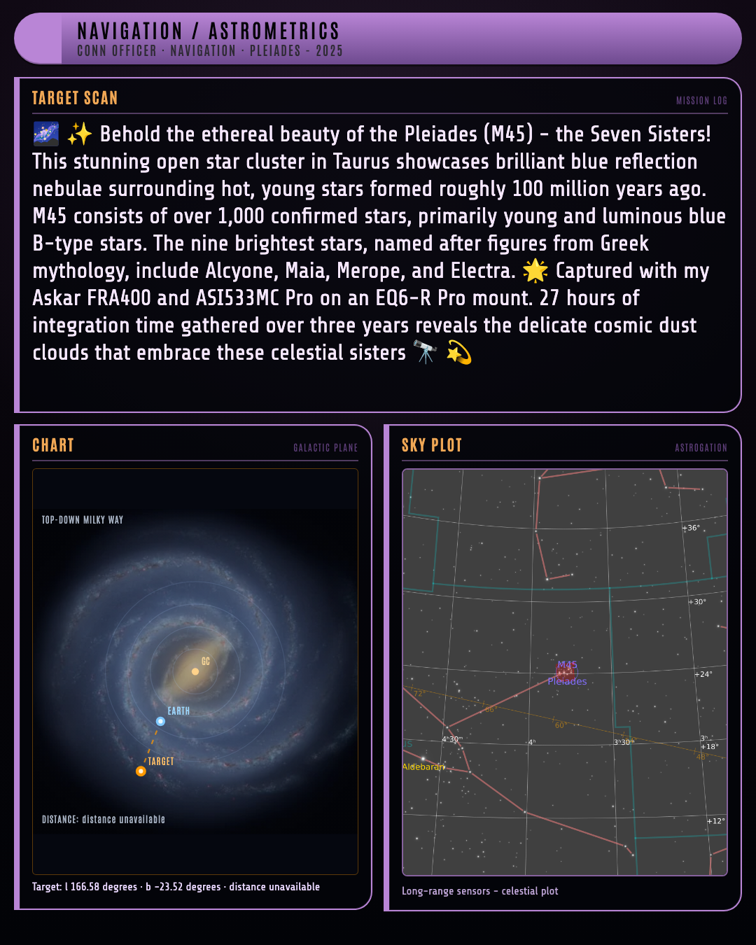 Navigation LCARS-style Instagram panel with Pleiades mission log and sky plot.