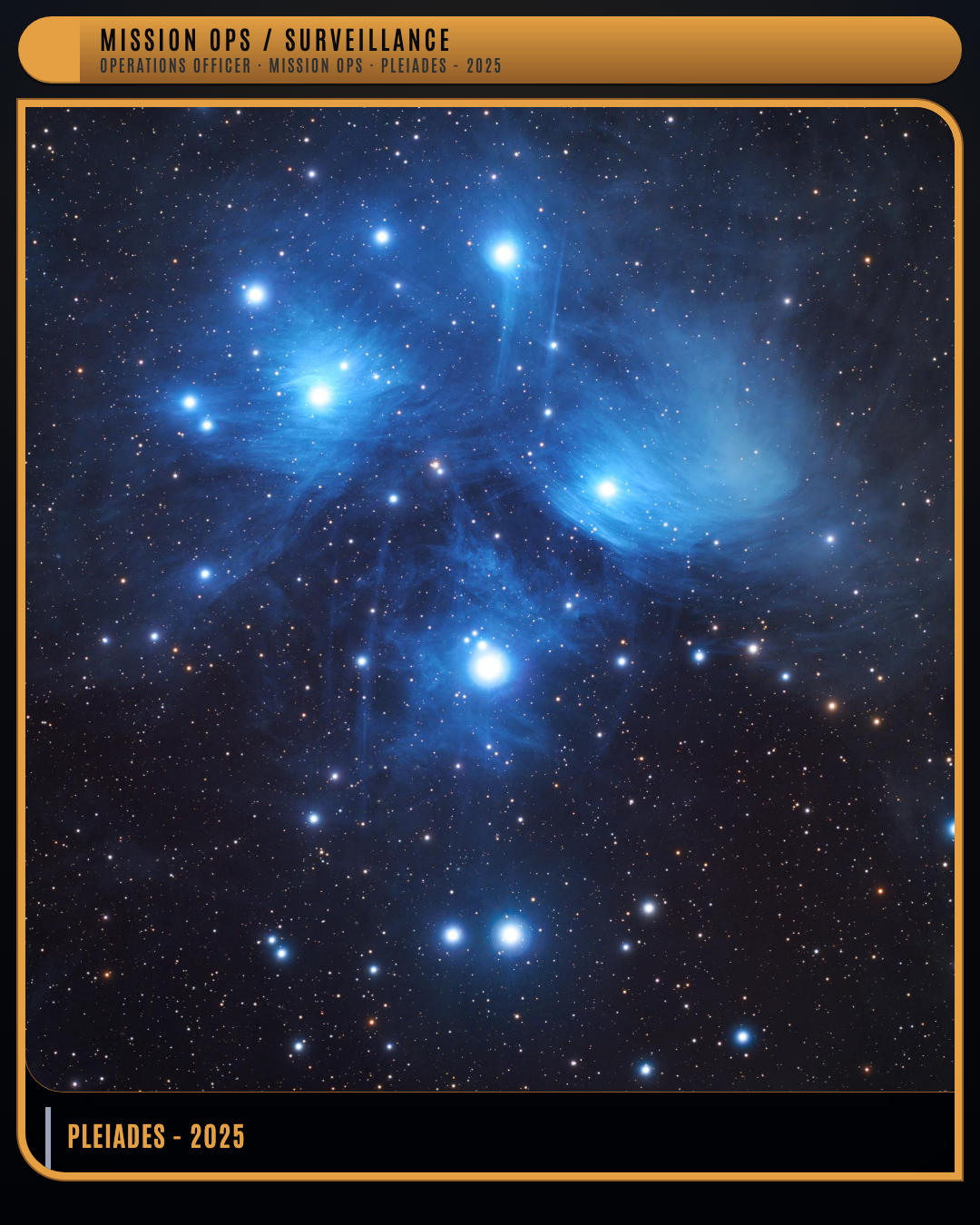 Operations LCARS-style Instagram panel featuring the Pleiades image.