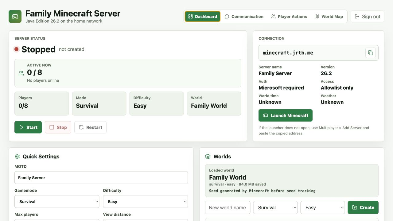 Family Minecraft server dashboard with status, connection settings, and world management