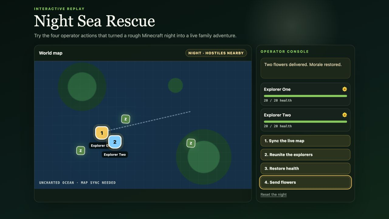 Interactive replay of two Minecraft explorers reunited on a night sea map with full health and flowers