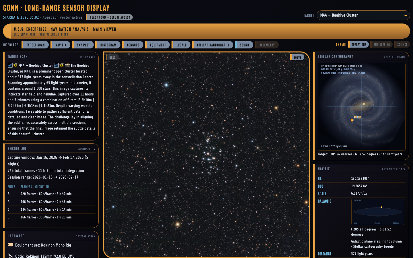 Astrophotography object page with image, capture notes, and galactic context