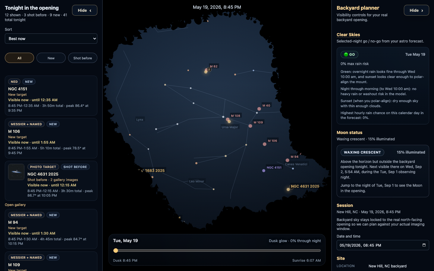 Backyard Sky planner showing visible targets through the backyard opening