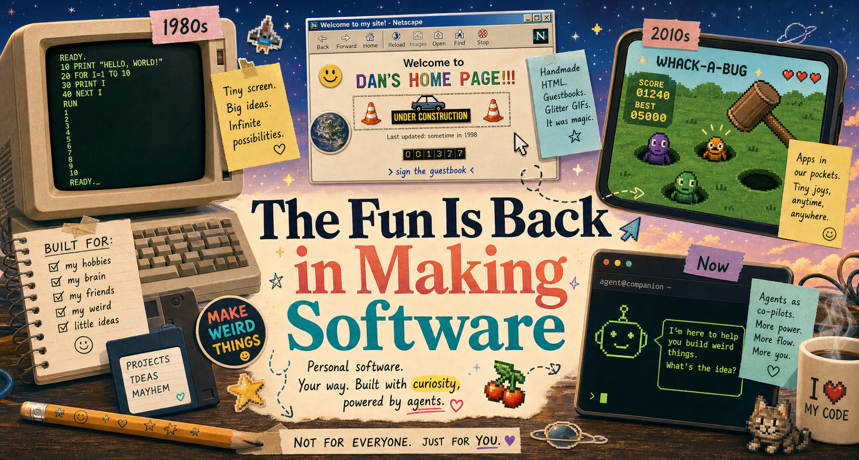 Playful collage of BASIC, personal websites, mobile games, and agentic coding tools