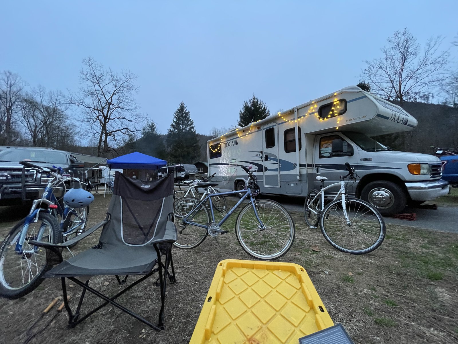 The Tioga parked at a mountain campground in Cherokee.